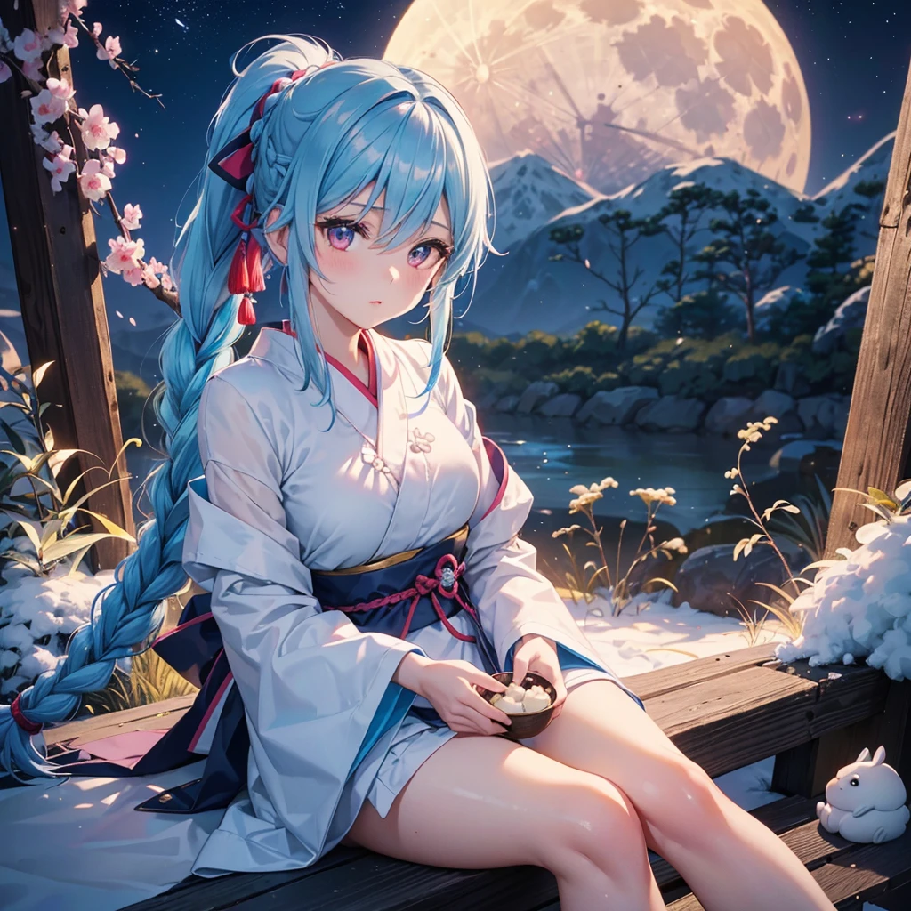 Sky blue hair, (Braided Ponytail:1.2), Pink eyes,Fair skin ,(whole body),(One Girl),Tsukimi,(White sweet dumplings ),Japanese pampas grass,(beautiful, Full moon shining in the night sky),(masterpiece, Highest quality, Very detailed, Best Shadow), (Detailed Background), (Beautifully detailed face), High Contrast, (Best lighting, Very delicate and beautiful), ((Cinematic Light)), colorful, Hyper Detail,8k, Dramatic Light, Intricate details,Sit and eat dumplings while watching the moon,(Shadow of a rabbit on the moon),mysterious