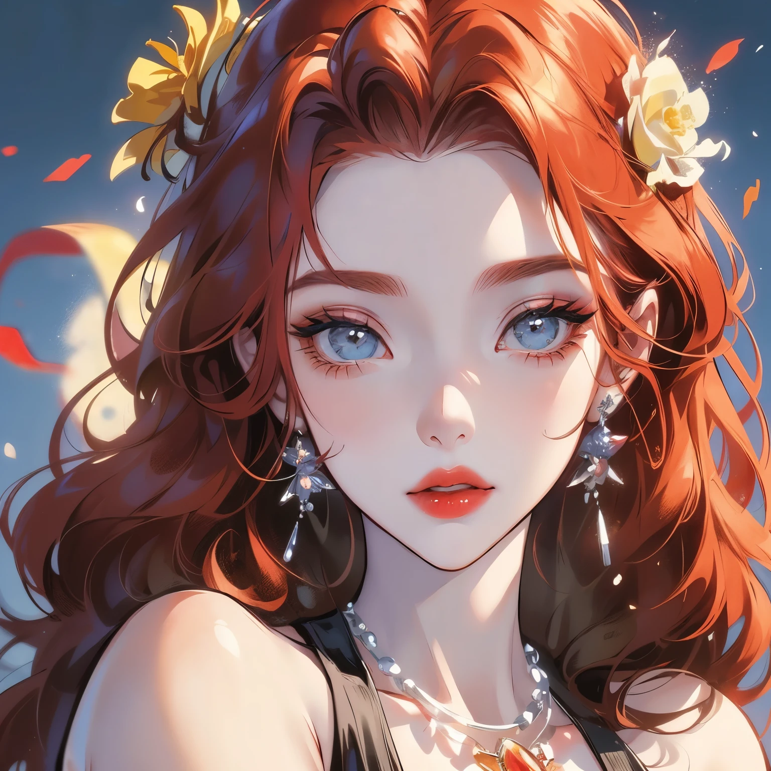 a woman with red hair and a tiara on her head in anime style, 1girl, jewelry, solo, yellow flower, earrings, red lips, blue eyes, red hair, makeup, looking at viewer, crown, short hair, eyelashes, yellow rose, bangs, necklace, lipstick, portrait, gem, bare shoulders, flower