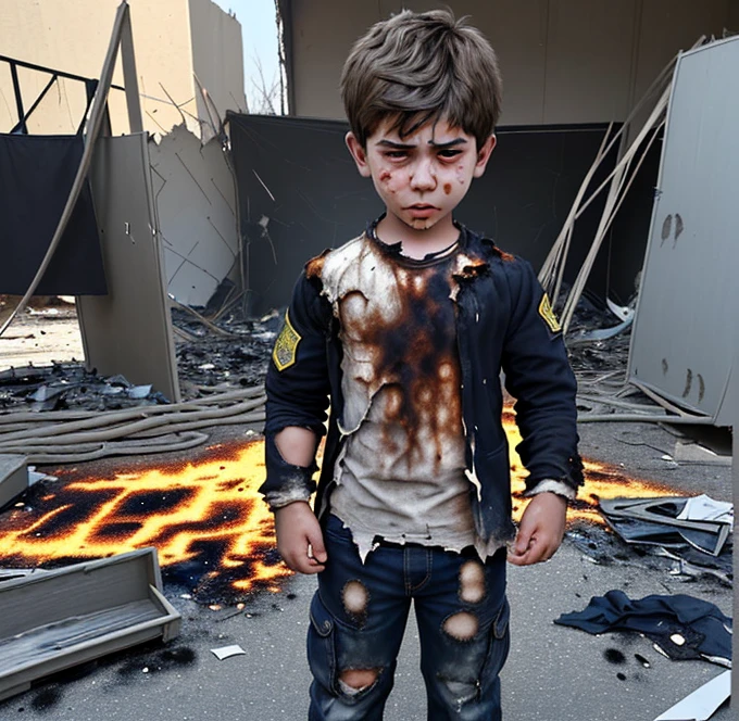 A boy was caught in an explosion and his clothes were burned and torn to shreds