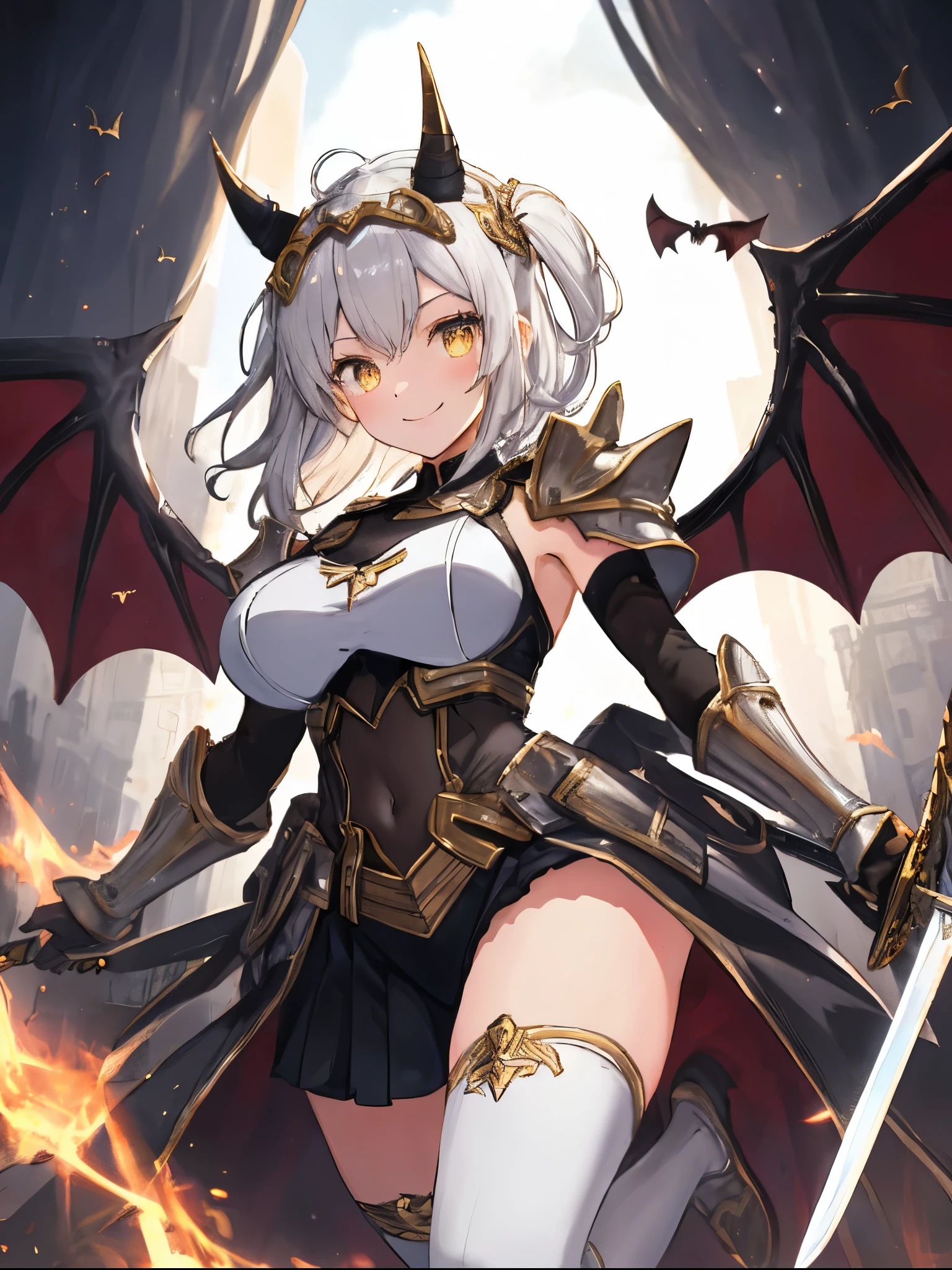 fantasy, 1devil_girl, low_teen, platina_blond_hair,long_bangs,, bare_shoulder, navel out, thighhighs,silver_armor, white_clothes,waist_armor, Glebe, hold_swords, large_breasts, dynamic_flying_pose,Floating, (1pair_bat_wings:1.2),(pelvic_curtain:1.3), silver_Headgear ,looking_down_at_sunrise_city_sky_background,,slightly_spread_legs, some_swords,some_swords_floating_around_the_girl,solo,horn ,smile,,open_legs,open_arms,rise_knee,rise_leg,rise_thigh,rise_leg,forward_leaning_posture,apart_legs,fang,Shiny_gold_eyes