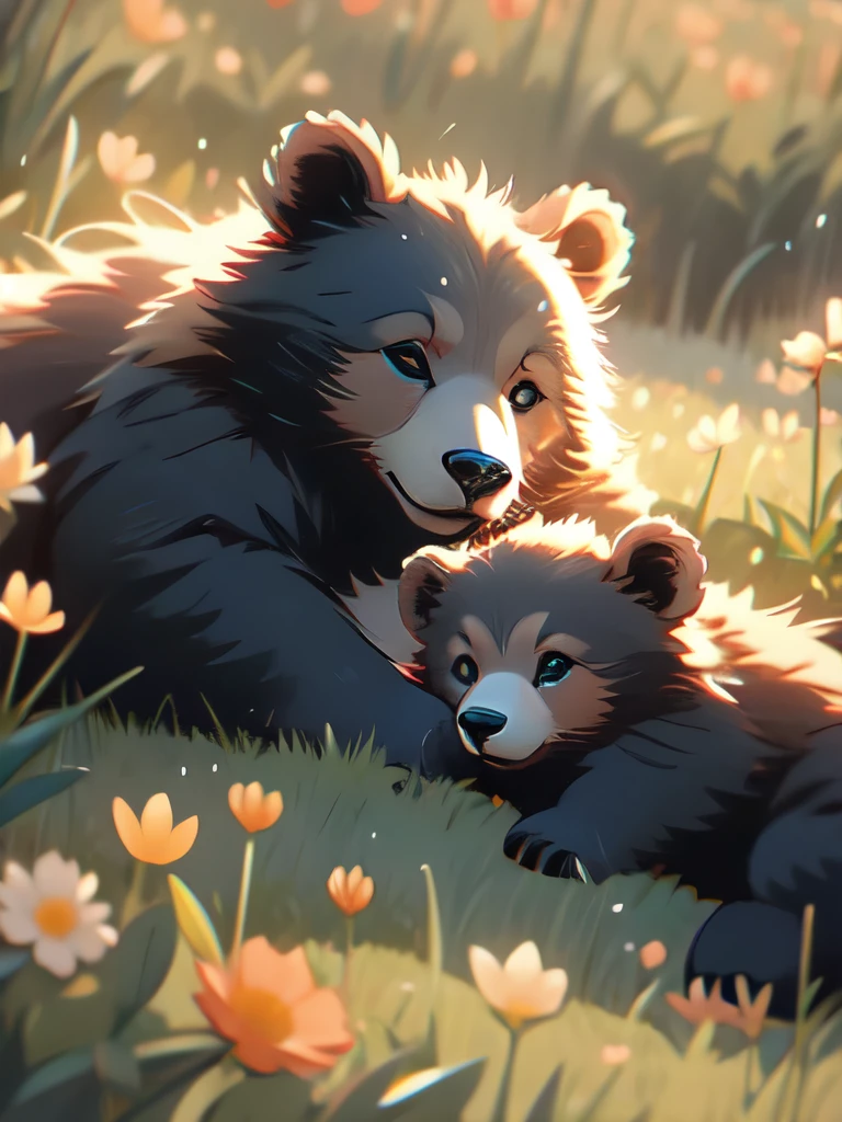 momma bear and cubs sleeping in a field of flowers