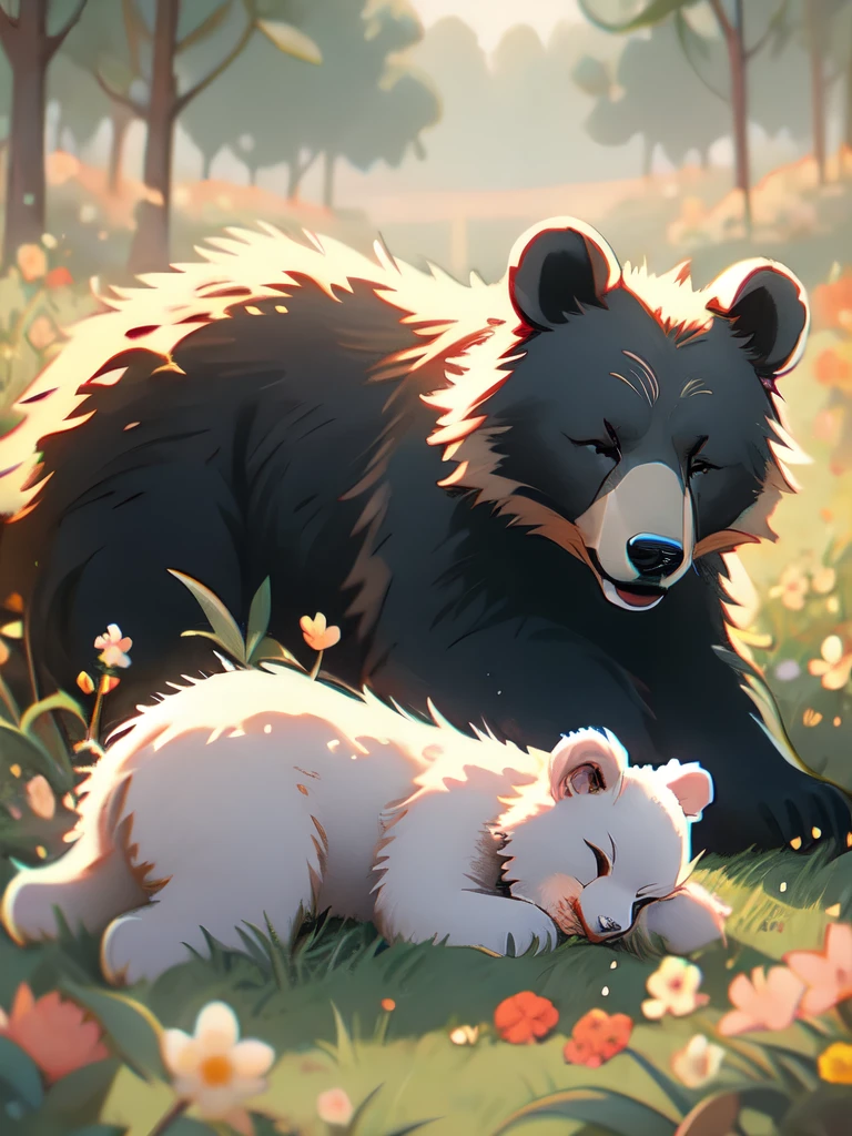 momma bear and cubs sleeping in a field of flowers