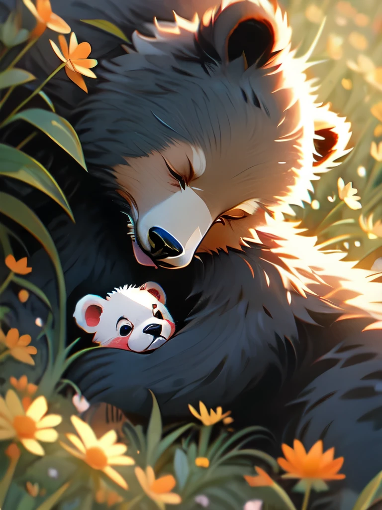 momma bear and cubs sleeping in a field of flowers