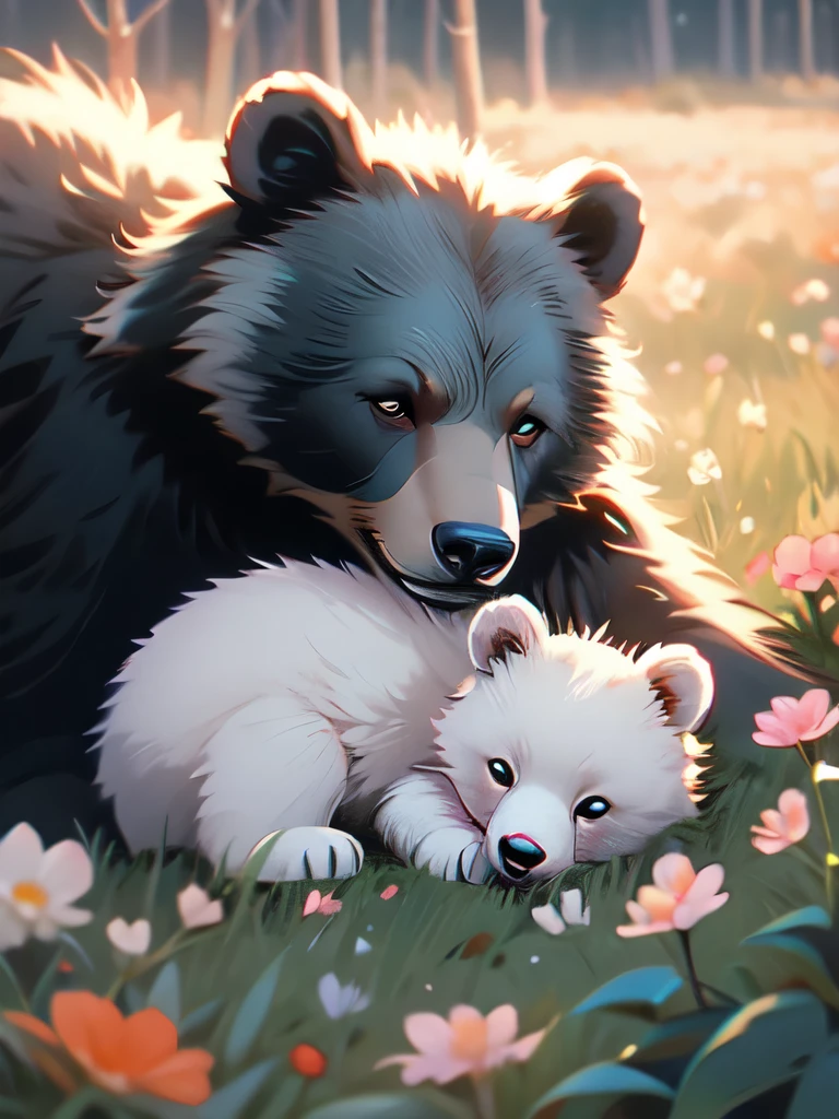 momma bear and cubs sleeping in a field of flowers