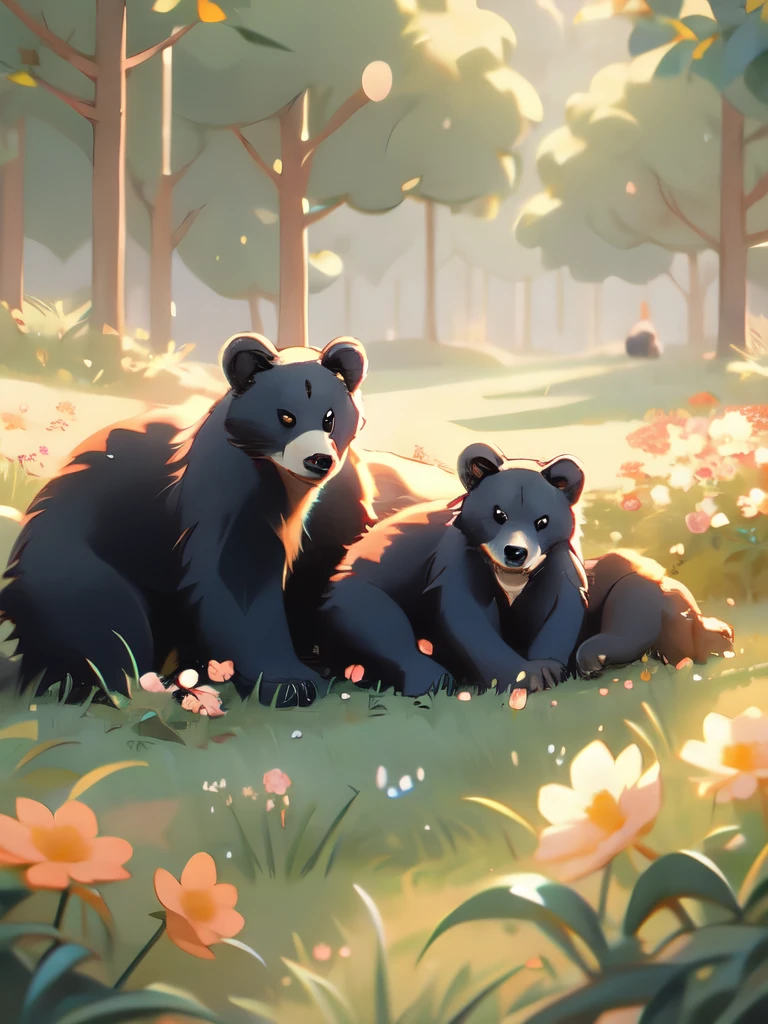 momma bear and cubs sleeping in a field of flowers