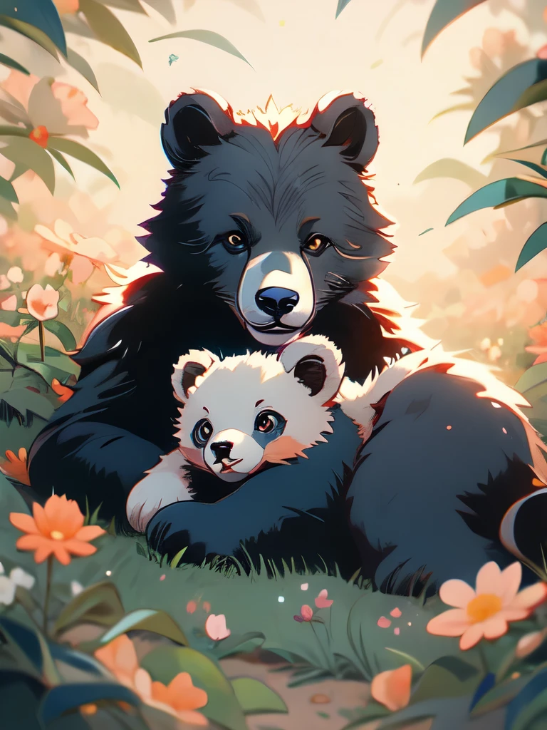 momma bear and cubs sleeping in a field of flowers