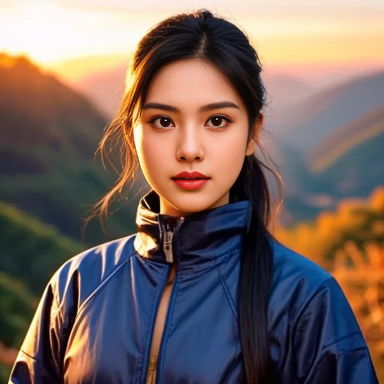 An Araf girl wears a red round-neck t-shirt., Portrait in the middle of a shot, Portrait 8 k, Southeast Asians with round faces, Age 2 4 years, Thai anime,black hair, ponytail,Extra long hair 2 meters, beautiful female model, Trending on cgstation, วัดChest 36 inches “Very large chest.,, Chest 36 inches “Very large chest., Beautiful digital artและงดงาม, Beautiful digital art
