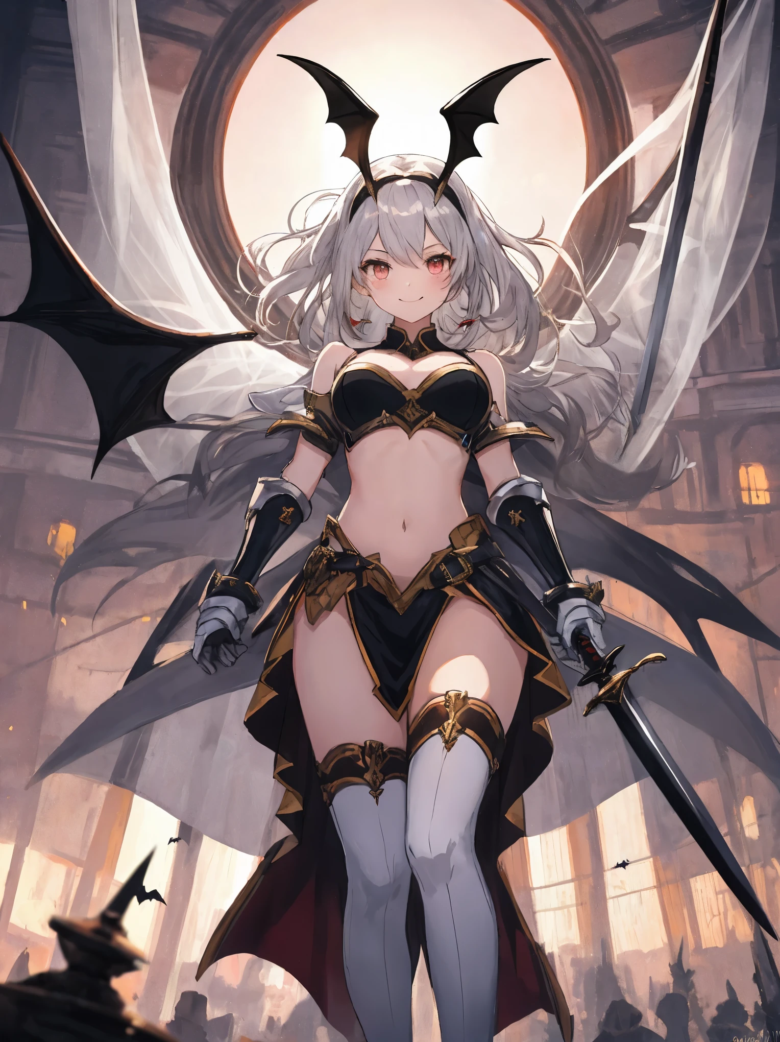 fantasy, 1devil_girl, low_, platina_blond_hair,long_bangs,, bare_shoulder, navel out, thighhighs,silver_armor, white_clothes,waist_armor, Glebe, hold_swords, large_breasts, dynamic_flying_pose,Floating, (1pair_bat_wings:1.2),(pelvic_curtain:1.3), silver_Headgear ,looking_down_at_sunrise_city_sky_background,,slightly_spread_legs, some_swords,some_swords_floating_around_the_girl,solo,horn ,smile,,open_legs,open_arms,rise_knee,rise_leg,rise_thigh,rise_leg,forward_leaning_posture,apart_legs,fang