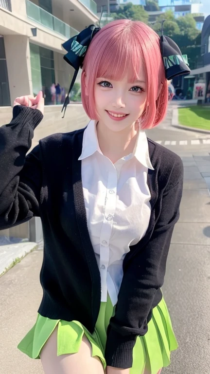 (8k, Highest quality, masterpiece:1.2), (Realistic, photo-Realistic:1.37), ultra-detailed, (One girl:1.6),cute,beautiful detailed sky,(Outdoor:1.4), Are standing,Date,(Red nose),(smile:1.15),(Mouth closed:1.2), chest,beautiful detailed eyes,(whole body:1.1), Wet,rain,White lace, (short hair:1.2),Floating Hair NovaFrogStyle, In-person audience, View your viewers, Pleats_skirt, shirt,green_skirt,Pink Cheeks,detailed,Naughty models