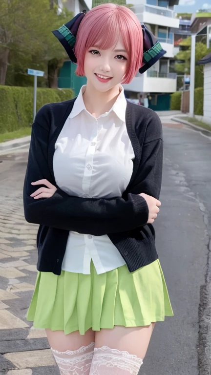 (8k, Highest quality, masterpiece:1.2), (Realistic, photo-Realistic:1.37), ultra-detailed, (One girl:1.6),cute,beautiful detailed sky,(Outdoor:1.4), Are standing,Date,(Red nose),(smile:1.15),(Mouth closed:1.2), chest,beautiful detailed eyes,(whole body:1.1), Wet,rain,White lace, (short hair:1.2),Floating Hair NovaFrogStyle, In-person audience, View your viewers, Pleats_skirt, shirt,green_skirt,Pink Cheeks,detailed,Naughty models