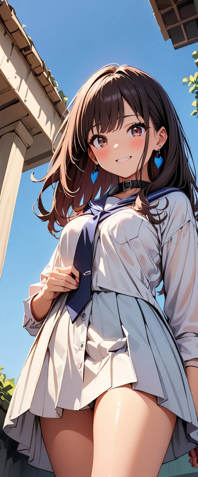 (of the highest quality:1.2, Very detailed, Attention to details, Digital coloring, high contrast, masterpiece:1.2, of the highest quality, better aesthetics), ((1 girl)), black fur, long and straight hair, reddish brown eyes, earrings, collar shirt, blue tie, smile, blush, JK, School uniforms, friendly environment, Beautiful illustrations, (((low angle shot from below:1.6, Spanning the audience:1.2))), blue sky, light, A girl, Beautiful, well-defined legs and thighs., of the highest quality, fence, super fine,
