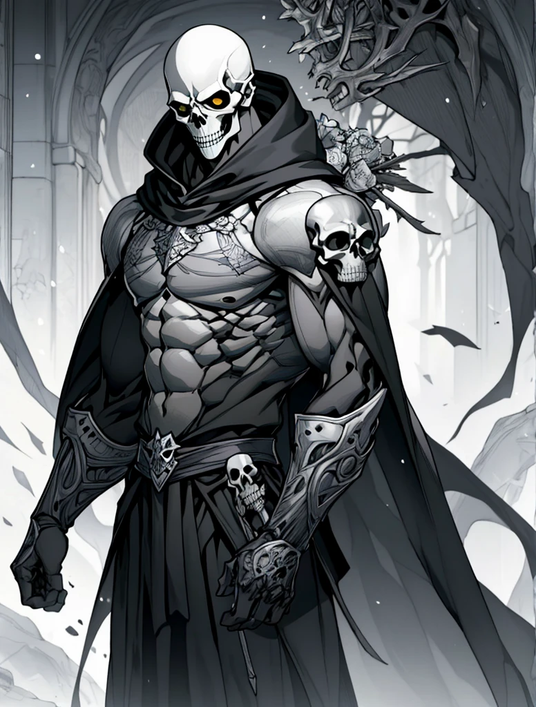 ((CRU photo)), ((work of art)), Anthropomorphic humanoid SkullReaper wearing black cape and hood, intricate-detail, sprinting, Greebles Intricate Pieces, monochrome, baldie, winter background, yellow  eyes, fragmented skin, chapped skin, skull, 1  boy