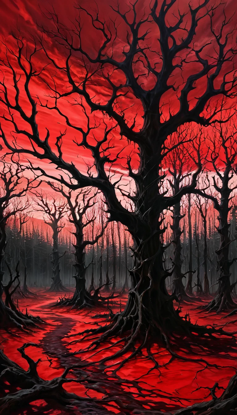 A twisted forest, with trees with skeletal branches and a blood-red sky in the background, creating an atmosphere of suspense and terror.