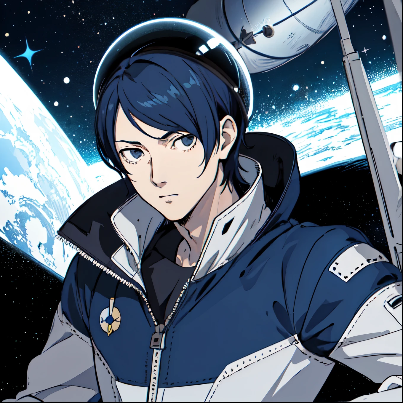 masterpiece,high quality,
looking at viewer,serious,
yusukekitagawa,1boy,
dark blue hair,gray eyes,
space helmet,
pilot suit,
cockpit,