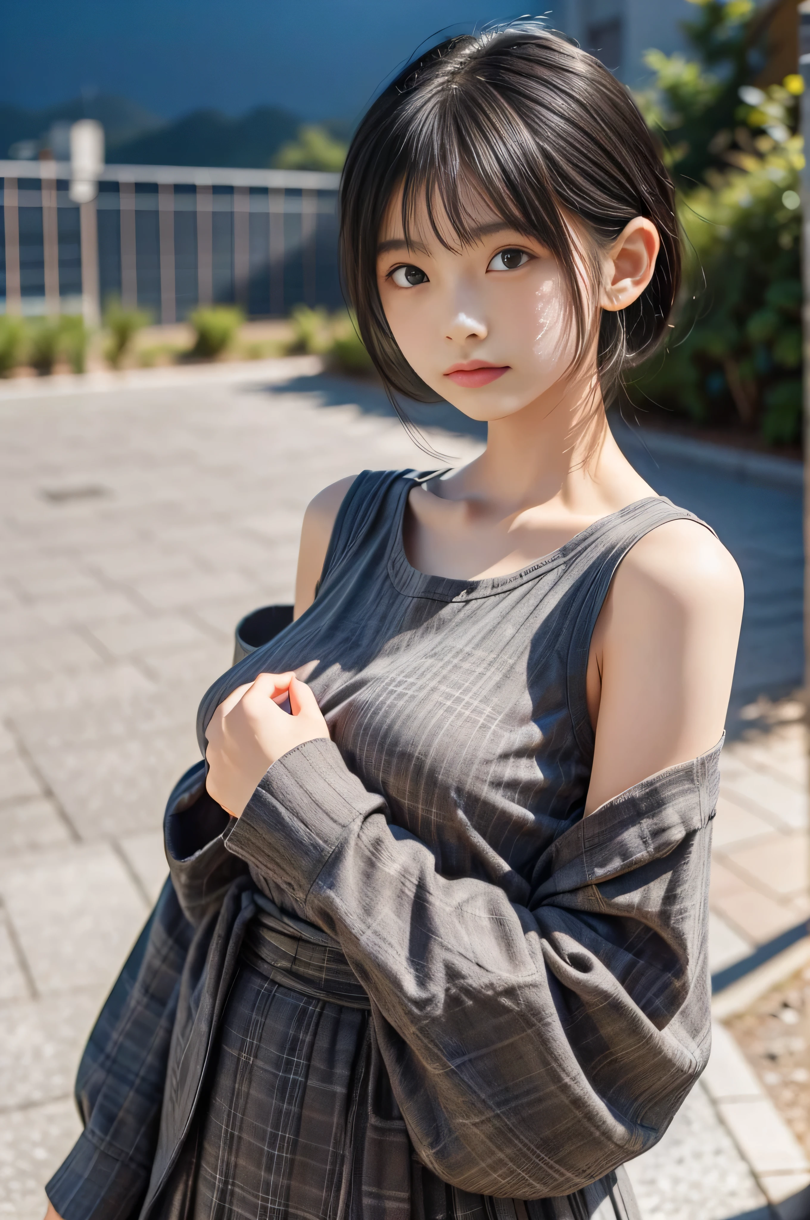 (RAW quality:1.4), Polychrome, One Girl, , Japanese, night, dark, Black Hair, Straight Short Hair, View Audience, Upper Body, Light summer clothes, Big Breasts, In-person audience, Limited Edition Palette, Black background, Shine,