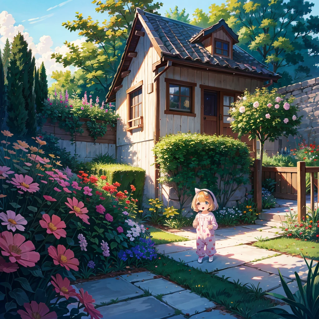 {{{Masterpiece, highest quality, high resolution background}}}, bright and beautiful atmosphere, 1 girl (5 years old, round face, baby face, young, child), small breasts, garden of a house, cute pajamas, {{{( (Hanging out a wet mattress in the garden)}}}, a girl with an embarrassed face
, "deltamon_sdXL :0.73)>Deltamon"
