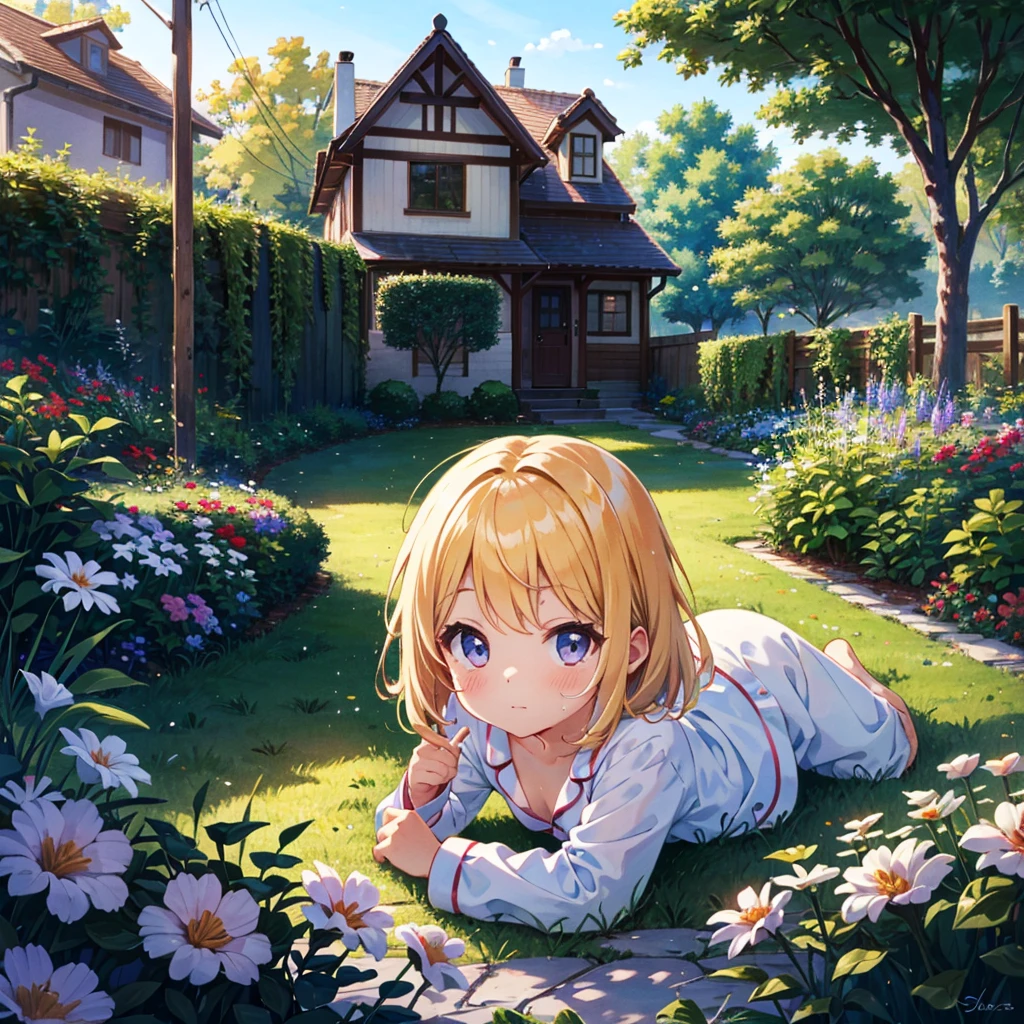 {{{Masterpiece, highest quality, high resolution background}}}, bright and beautiful atmosphere, 1 girl (, round face, baby face, young, child), small breasts, garden of a house, cute pajamas, {{{( (Hanging out a wet mattress in the garden)}}}, a girl with an embarrassed face
, "deltamon_sdXL :0.73)>Deltamon"