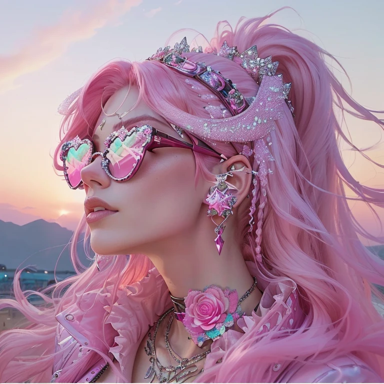 a close up of a woman with pink hair wearing a tiable and sunglasses, pink crystal mohawk, rose-colored glasses, Fantasy aesthetics!, long flowing pink hair, Covered in Jewels, Pink shades, Fantasy aesthetics, flowing pink hair, pastel gothic aesthetic, beautiful dolphin, pink thin hair, with pink hair, rococo cyberpunk, precious punk aesthetic, Pink pastel