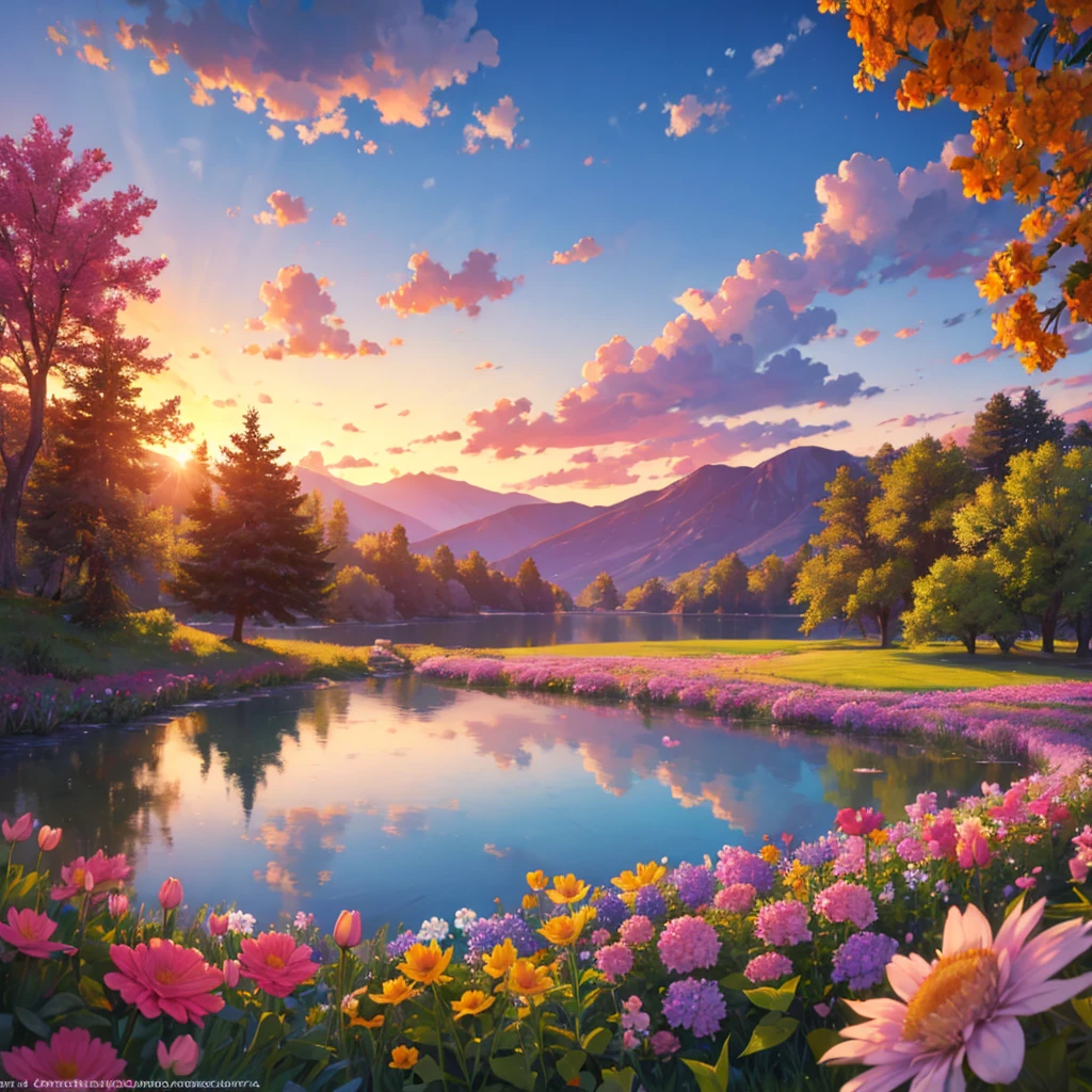  a lake, surrounded by flowers and a beautiful sunset with many colors