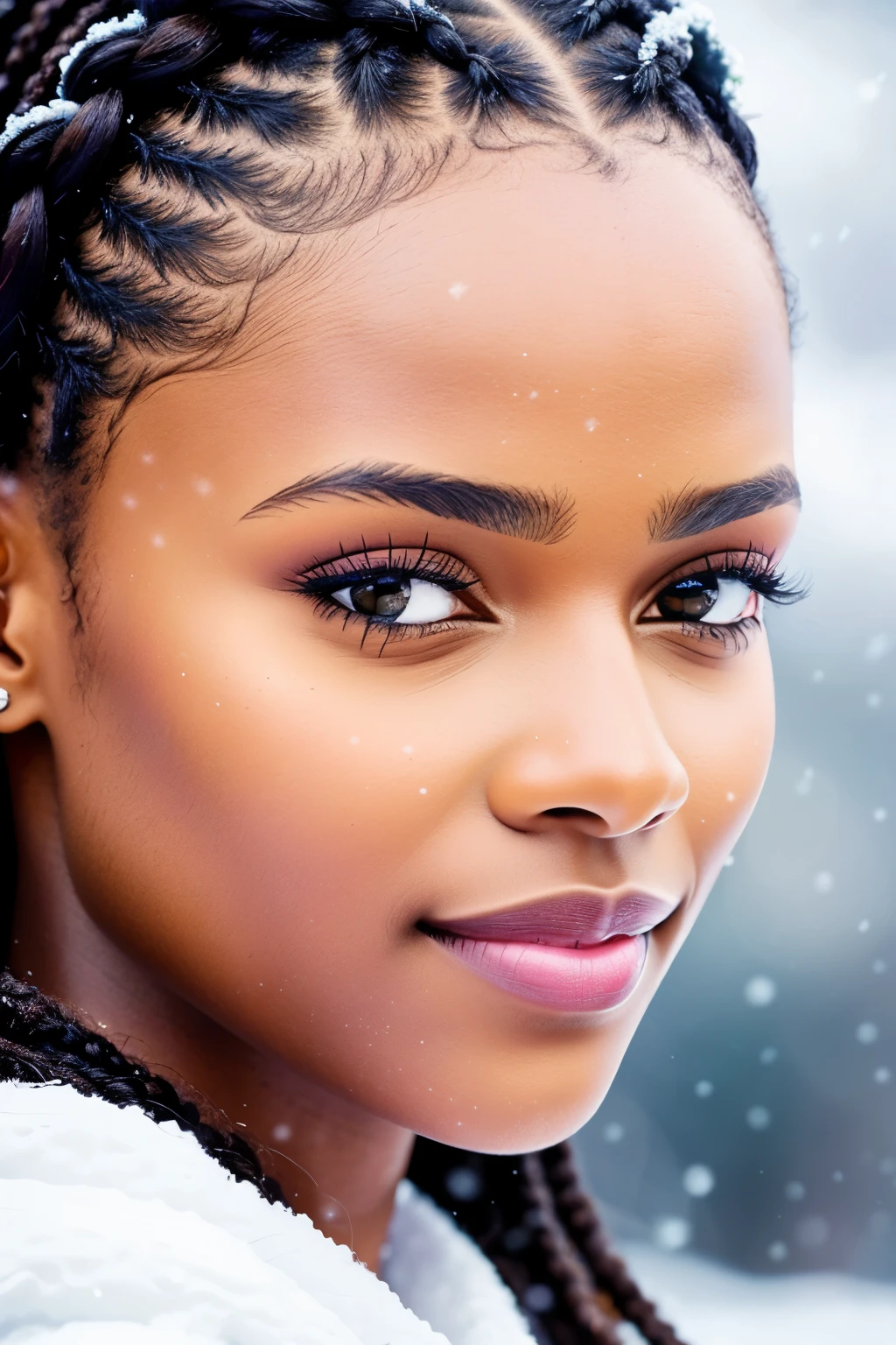 beautiful African woman, close up shot, radiant smile, well-made makeup, intricately braided hair forming the word "HAPPINESS", snowfall backdrop, dual color palette of blue and white, duo-tone scene, 32k ultra-high definition, high resolution images, Unreal Engine 5 rendered, hyper-realistic, high detailed features, clear definition, masterpiece of art, meticulous hair braiding, fine hair texture, delicate facial features, vibrant eyes, glowing skin, matte finish, captivating, snowflakes subtly highlighted, real-life likeness, high-quality rendering, realistic snowfall effect, warm colors contrasting