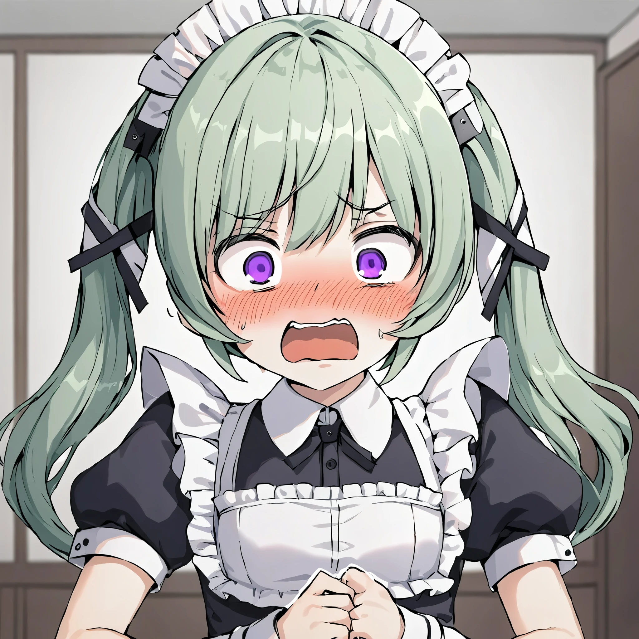 high resolution　One person　Maid clothes　Twintails with green hair　Purple eyes　Girl　Office　Black and white headband　blush　Panic face　