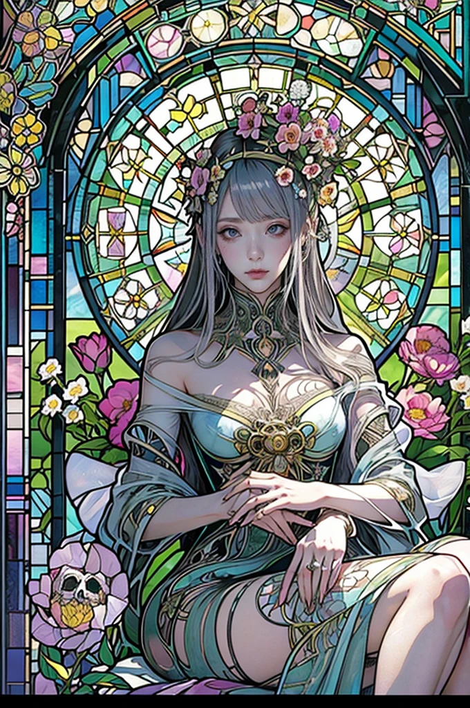 It depicts a beautiful woman surrounded by many large flowers., glamorous, Thicken your thighs, Stained glass, Highly detailed watercolor painting, The style of Alfons Maria Mucha and Gustav Kirmut, Art Nouveau accents, Exiled Princess, Female figure, Detailed cover artwork, As the Flower Goddess, Alphonse Mucha, Gustav Klimt, Pale skin, Marble sculpture, society, Gothic art, Art Nouveau, Behance Contest Winner