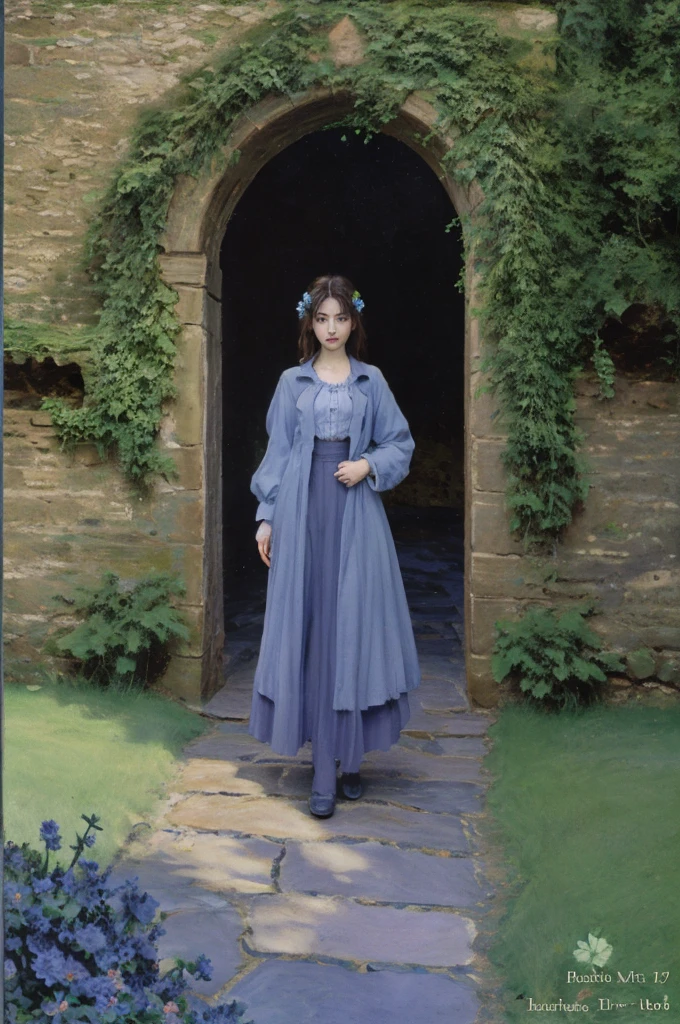 Create a book back cover that continues the dark and mysterious medieval theme of the front cover. The scene is set in the courtyard of a castle at night, with the same stormy, cloud-covered sky seen on the front. The moonlight is faint, casting long, soft shadows across the cobblestone ground. In the foreground, there is a stone well with ivy creeping up its sides, and beside it, a small cluster of blue thistle flowers, their vibrant blue and violet hues standing out against the muted colors of the stone and greenery. The courtyard is framed by tall, weathered castle walls, with a large, wooden door slightly ajar, suggesting an invitation or a mystery beyond. The atmosphere is quiet and eerie, with a sense of something hidden or waiting to be discovered. The book’s synopsis is placed in the center, written in a clear, Gothic-style font that matches the front cover, with a simple medieval border around it to frame the text.