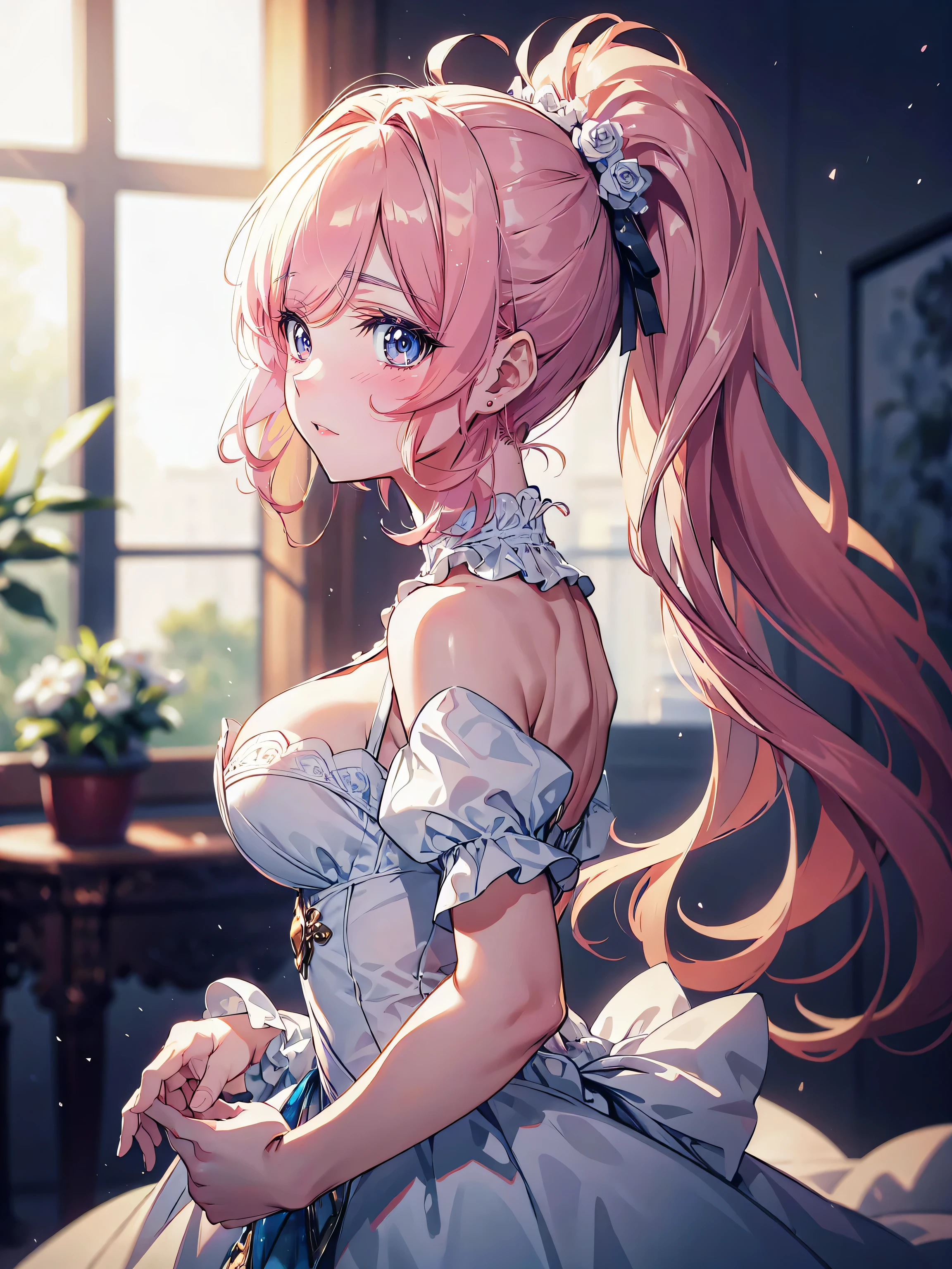 ((Superbly detailed drawing, ultra detailed, exquisite quality, absolutely resolution)), (((Unsurpassed gorgeous rococo gown))), ((voluminous huge hoopskirt and long hems)), solo girl, beautiful and very kawaii face, kawaii face, (ponytail, fluffy pink hair:1.2), smooth curly hair, (Expressive hair:1.2), (super voluminous long hair:1.2), (upper body), (huge breasts, breasts cleavage), (((perfect hands))), (blurry background:1.5), ((face seen from the side, tears, looking up:1.3)), (face focus, depth of field:1.5), (backlighting, particle effect, caustics),