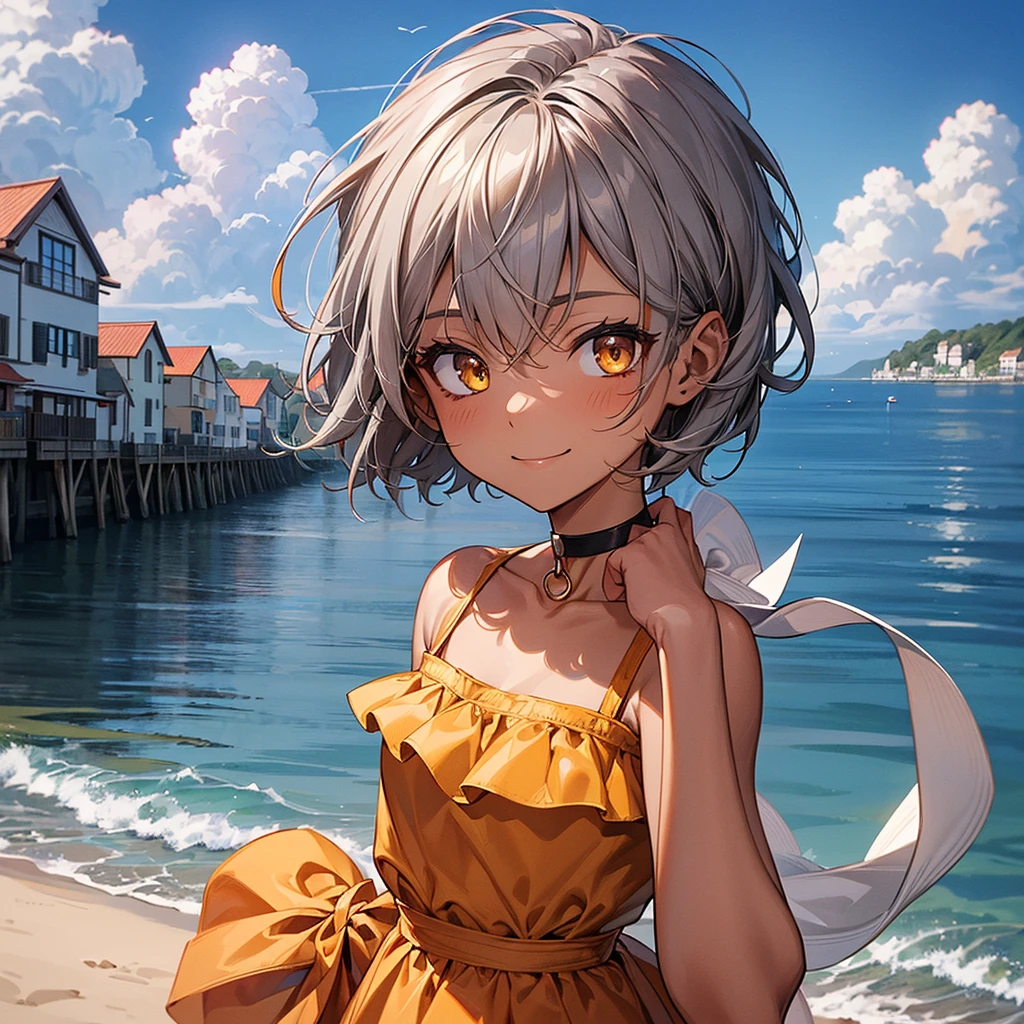 masterpiece, Highest quality, Perfect Face, Highest Resolution, Highest quality,Detailed depiction of the eyes, 8k, 1 girl, young, dark tan skin, slate gray hair, short hair, upturned eyes, Yellow Orange eyes, ribbon choker, Seaside house, relax and enjoy, little smile, night, Perfect Anatomy