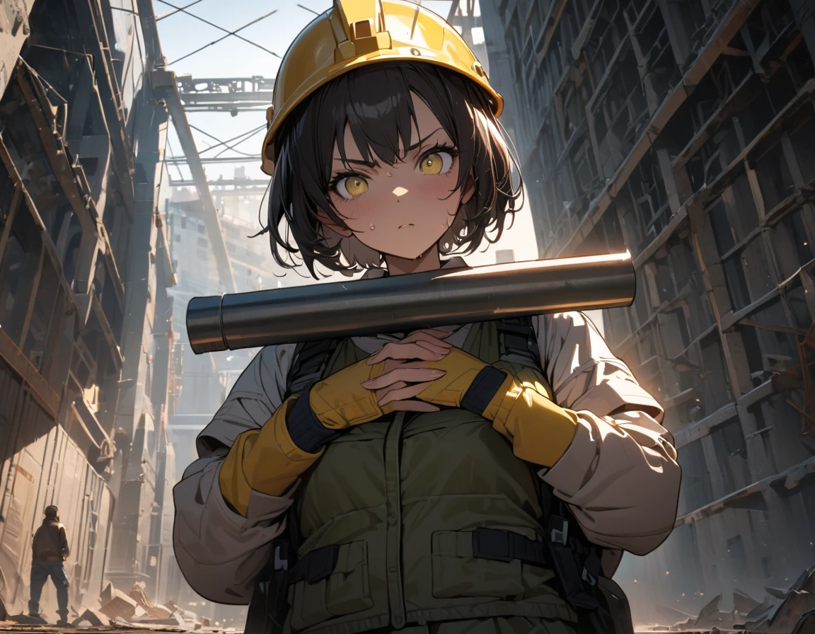 top of construction site made of Steel bars and concrete, masterpiece, top quality, highly detailed illustration, incredibly delicate and beautiful,8K,A Beautiful Asian woman dressed in work clothes is standing at the construction site,short hair,lash extension,((She is carrying a Steel bars on her shoulder and holding it with both hands)),ultra-detailed face,detailed eyes,The woman is wearing a yellow helmet,Focus on the woman,Sweat,Serious,rim light,Low Angle,wide shot