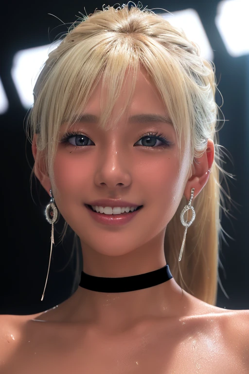 (Highest quality, 4K, 8k, High resolution, masterpiece:1.2), Very detailed, (Realistic, photoRealistic, photo-Realistic:1.37)、club、stage、Japanese、smile、(Completely naked)、ear piercing、Blonde with a black choker、(Hairstyle:random),Shiny skin caused by lotion、Gal Fashion、Oily skin、Sweaty skin、Photographed from the waist up