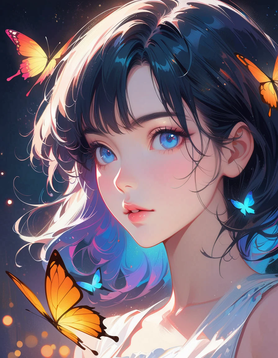 anime girl with butterfly wings and blue eyes, artwork in the style of guweiz, detailed digital anime art, beautiful anime portrait, digital anime art, stunning anime face portrait, anime girl with cosmic hair, detailed portrait of anime girl, digital anime illustration, highly detailed exquisite fanart, anime styled digital art, 8k artgerm bokeh, kawaii realistic portrait