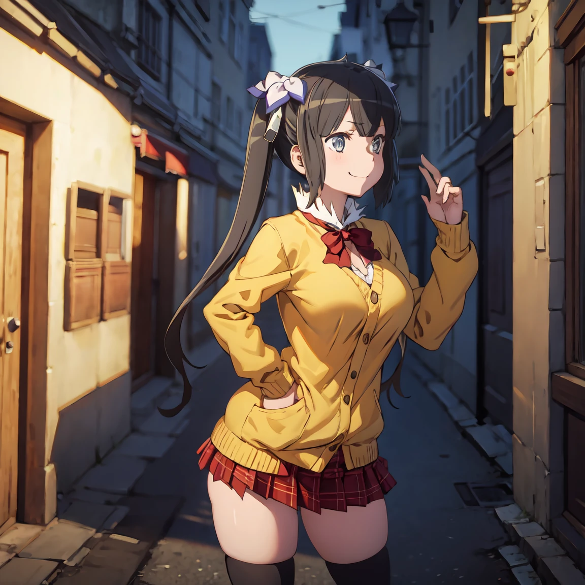 masterpiece, best quality, itsugayakanade, hair ribbon, red bowtie, yellow cardigan, long sleeves, plaid skirt, large breasts, black thighhighs, profile, smile, city street, hands on hips