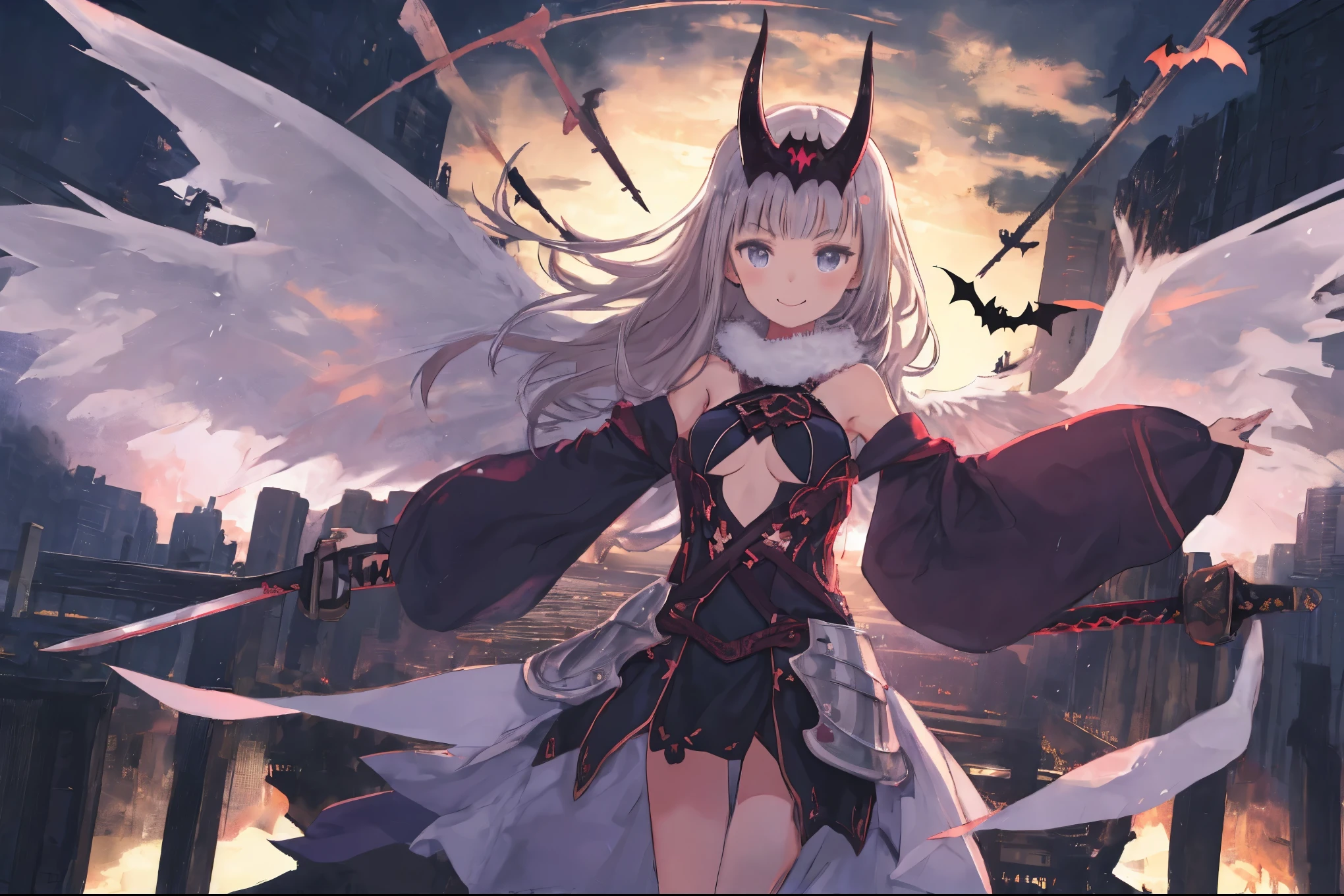 fantasy, 1devil_girl, low_, platina_blond_hair,long_bangs,, bare_shoulder, navel out, thighhighs,silver_armor, white_clothes,waist_armor, Glebe, hold_swords, large_breasts, dynamic_flying_pose,Floating, (1pair_bat_wings:1.2),(pelvic_curtain:1.3), silver_Headgear ,looking_down_at_sunrise_city_sky_background,,slightly_spread_legs, some_swords,some_swords_floating_around_the_girl,solo,horn ,smile,,open_legs,open_arms,rise_knee,rise_leg,rise_thigh,rise_leg,forward_leaning_posture,apart_legs,fang