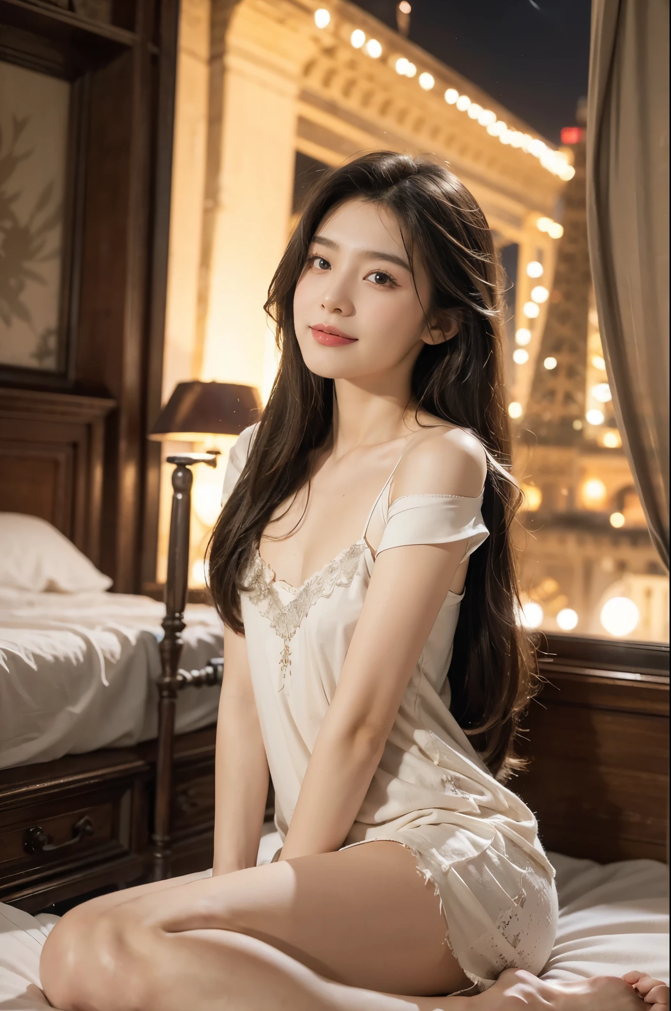(((best quality))), (((ultra detailed))), (((masterpiece))), illustration,((a beautiful girl,solo)),(collarbone-length straight hair:1.3),((slim,thin)),((small breasts,flat chest)),window, city view, twinkling lights,(torn tattered short-sleeved nightgown:1.3), delicate skin, faded walls, peeling paint, dusty carpet,(sitting on the restless bed:1.3),(Eiffel Tower:1.3), majestic, twinkling lights, awe, hint of smile, reaching out, tracing outline, magic moment, peace, chaos below, solace, solitude, vision of beauty, tranquility, rough surroundings, edgy beauty, resilience, strength, outlined eyes, hidden fire, soul, million thoughts, dreams, reality blurred,(summer:1.2),(night scene:1.3), vulnerability,beauty of moment, frozen in time, etched in memory,(in dilapidated bedroom:1.3),(rundown hotel:1.3), ((from front,upper body))