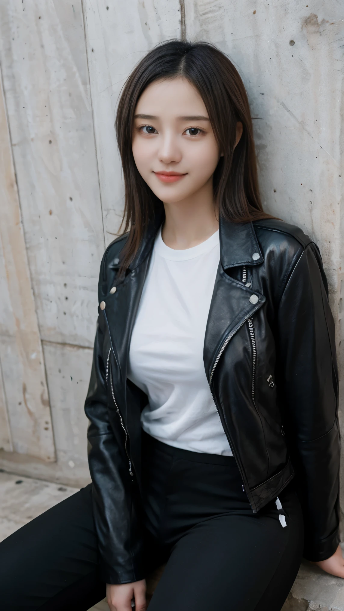 Photorealistic portrait of a young woman with a warm smile, wearing a black leather jacket over a white t-shirt, wear black pants, sit against a wall. The overall mood is modern and artistic, with a touch of elegance and creativity. The image should have balanced lighting and a realistic texture .