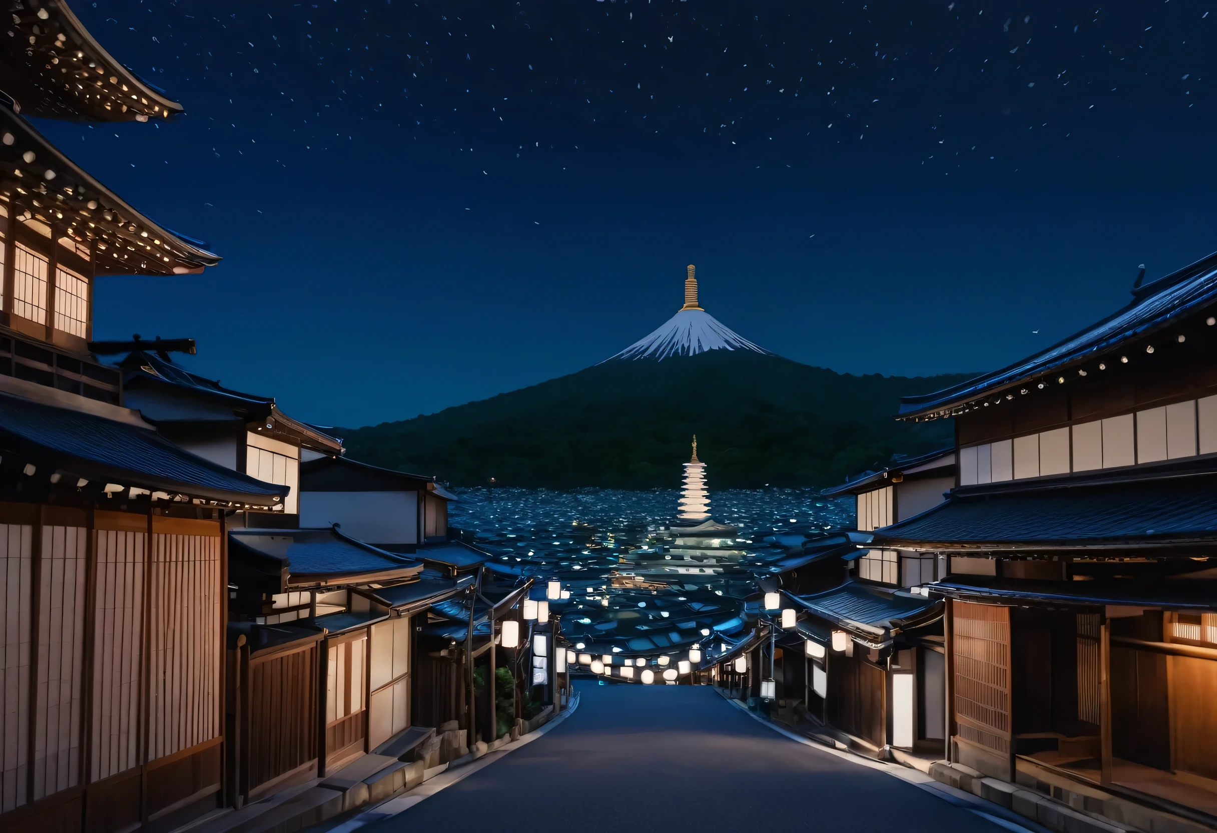 Alafed view of the street with the stupa in the background, Matte painting inspired by Ito Jakuchu, Shutterstock, Ukiyo-e, Inspired by Kyoto, Japanese cities at night, Japan Streets, Japanese cities, Japanese Street, Japan at Night, Ancient Japanese architecture, Japan Deeper Journey Exploration, Kyoto Japan Setting, Japanese Temples