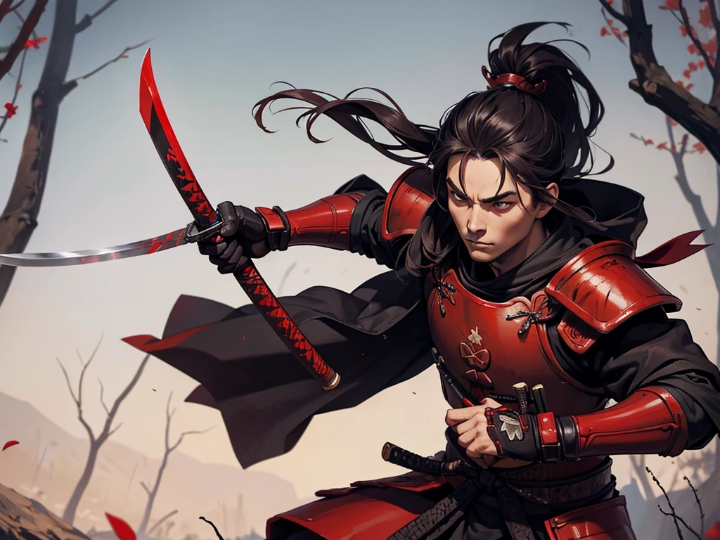A samurai in blood red armor with black accents, in his hands a dark katana. at the forest.
