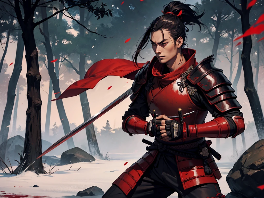 A samurai in blood red armor with black accents, in his hands a dark katana. at the forest.