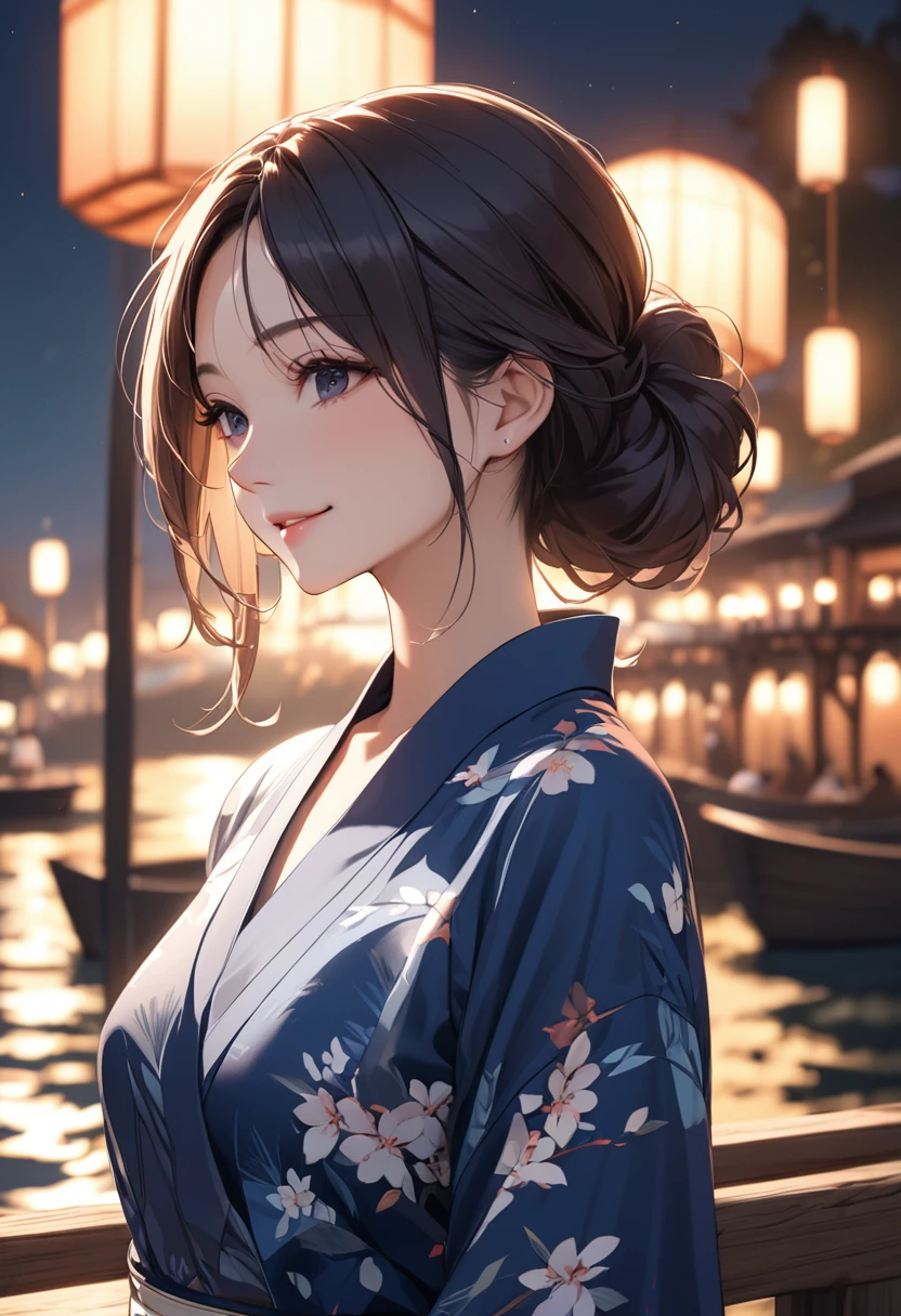 (masterpiece:1.5),(Beat quality),(high res),1girl solo,beautiful face,smile,upper body,Yukata Woman,Waterside at night