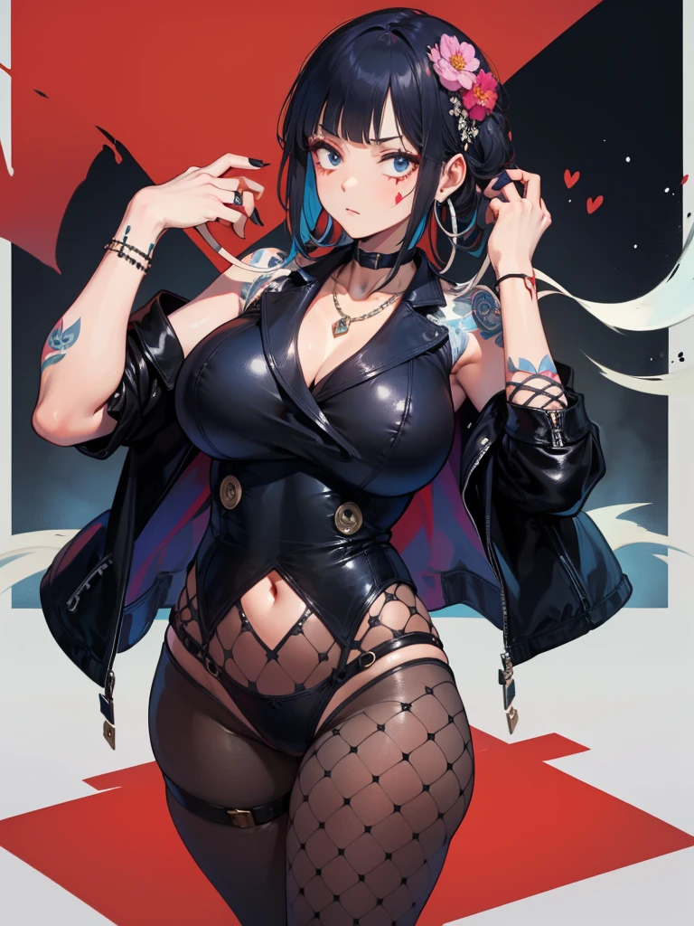 1 girl, standing alone, best qualityer, expressive eyes, face perfect, bob wig, Huge breasted, choker, multicolor_body hair, eyes browns, adult  woman, milf, (black body hair:1.4, red body hair ends), confident face, sfm, eyebrow piercing, ear piercing, へそ, burlas, hanging breasts, full body shot shot, top cropped preto, converse, fishnet pantyhose, make up, dark lipstick, O parque, pleatedskirt, black nails, flower tattoos on left and right arm, White background
