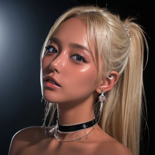 (Highest quality, 4K, 8k, High resolution, masterpiece:1.2), Very detailed, (Realistic, photoRealistic, photo-Realistic:1.37)、club、stage、Japanese、Two Girls、(kiss)、(Completely naked)、ear piercing、Blonde with a black choker、(Hairstyle:random),Shiny skin caused by lotion、Gal Fashion、Oily skin、Sweaty skin