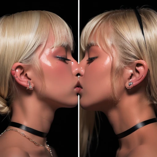 (Highest quality, 4K, 8k, High resolution, masterpiece:1.2), Very detailed, (Realistic, photoRealistic, photo-Realistic:1.37)、club、stage、Japanese、Two Girls、(kiss)、(Completely naked)、ear piercing、Blonde with a black choker、(Hairstyle:random),Shiny skin caused by lotion、Gal Fashion、Oily skin、Sweaty skin