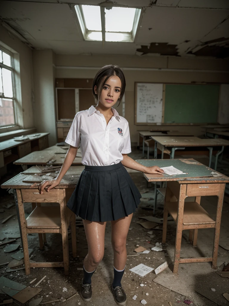 (SONY_a1.SEL50F12GM.Shooting in combination with), (1girl in), Solo, Amazing face and eyes, Serious face, (School uniform, Pleated skirt,:1.3), (Best Quality:1.4), extremely detailed CG unified 8k wallpaper, Highly detailed, High-definition raw color photos, professional photograpy, Realistic portrait, (Closed, Abandoned classrooms, Broken desk, Broken chair:1.5), (Dark classroom:1.3), A scene from a horror movie,Blushing、Soaking wet、See-through clothes