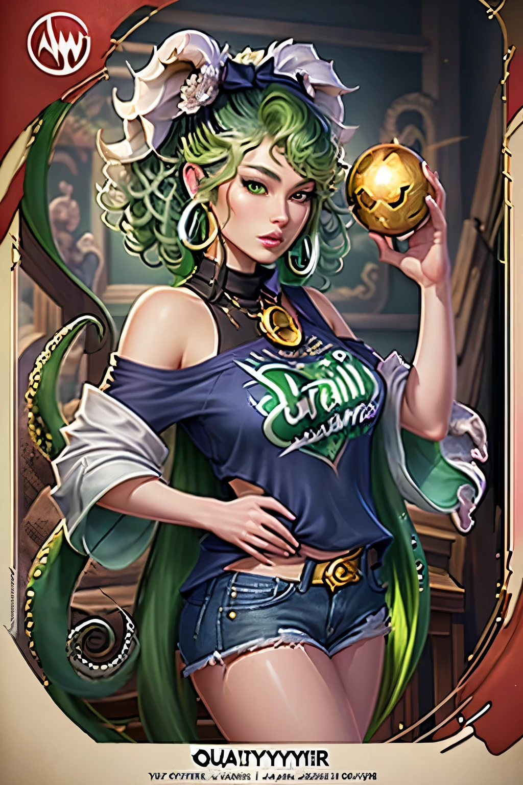 ((best qualityer)), ((work of art)), (detailded), woman with green hair, holding an epée, (Artgerm inspired:1.2), (winner of the pixiv contest:1.1), (octopus goddess:1.3), retrato em close, goddess skull, (Senna do League of Legends:1.1), (Tatsumaki with curly green hair:1.2), card game illustration, HD Anime Wallpaper, (akali from league of legends:1.1), 8K resolution