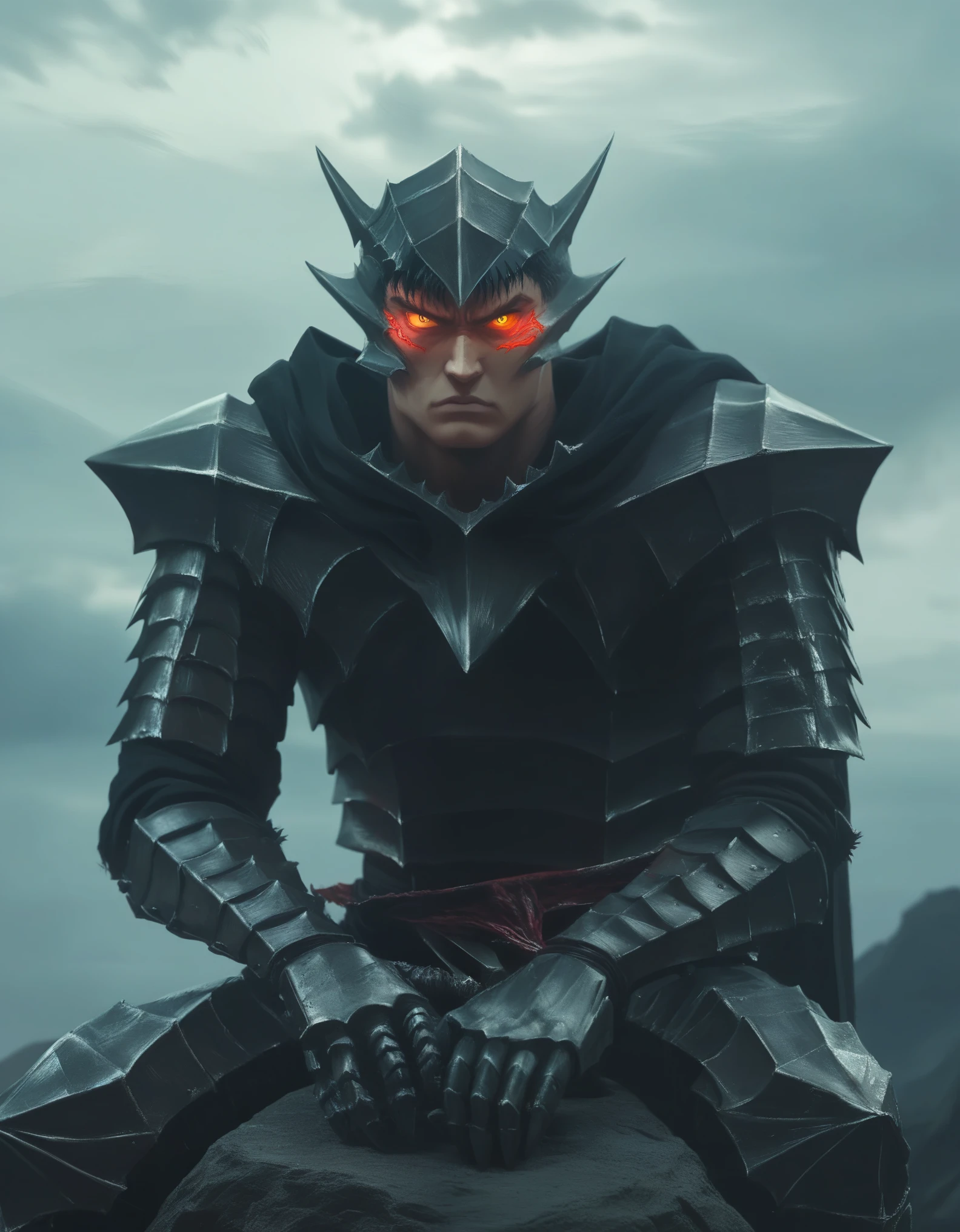 Guts (Berserk), Digital painting featuring a dark, fantasy-themed scene with anatomically correct human Guts berserk proportions, inspired by the style of Kentaro Miura, with a Seinen manga aesthetic. The layout is vertical, with the central subject being a humanoid figure in highly detailed, elaborate, dark armor, perched on a jagged rock formation. The figure has a wolf-like helmet with glowing red eyes and is holding a large, menacing sword over its shoulder. The armor is intricately detailed with sharp, angular designs and a fur-like texture around the shoulders and waist, showcasing a high level of realism. The background is a dramatic, stormy sky with hues of red, purple, and orange, suggesting a sunset or sunrise. The image is rendered in high-quality 4K resolution, with a focus on super detail and realistic textures. "Artvision1999"