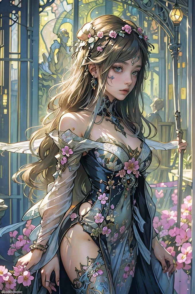 Depicts a beautiful woman with flowers in her hair, glamorous, Thicken your thighs、Highly detailed watercolor painting, The style of Alfons Maria Mucha and Gustav Kirmut, Art Nouveau accents, Fairy Princess, Anthropomorphic woman, Female figure, Detailed cover artwork, As the Flower Goddess, Alphonse Mucha, Gustav Klimt, Pale skin, Marble sculpture, society, Gothic art, Art Nouveau, Behance Contest Winner