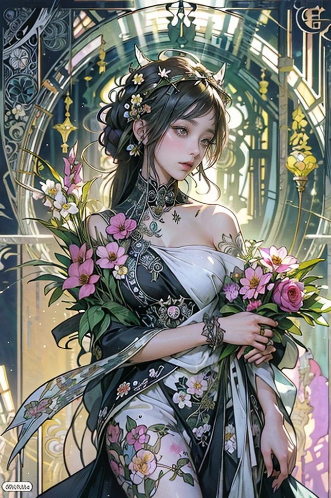 Depicts a beautiful woman with flowers in her hair, glamorous, Thicken your thighs、Highly detailed watercolor painting, The style of Alfons Maria Mucha and Gustav Kirmut, Art Nouveau accents, Fairy Princess, Anthropomorphic woman, Female figure, Detailed cover artwork, As the Flower Goddess, Alphonse Mucha, Gustav Klimt, Pale skin, Marble sculpture, society, Gothic art, Art Nouveau, Behance Contest Winner