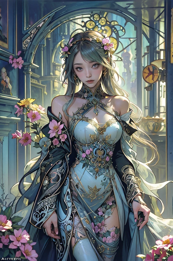 Depicts a beautiful woman with flowers in her hair, glamorous, Thicken your thighs、Highly detailed watercolor painting, The style of Alfons Maria Mucha and Gustav Kirmut, Art Nouveau accents, Fairy Princess, Anthropomorphic woman, Female figure, Detailed cover artwork, As the Flower Goddess, Alphonse Mucha, Gustav Klimt, Pale skin, Marble sculpture, society, Gothic art, Art Nouveau, Behance Contest Winner