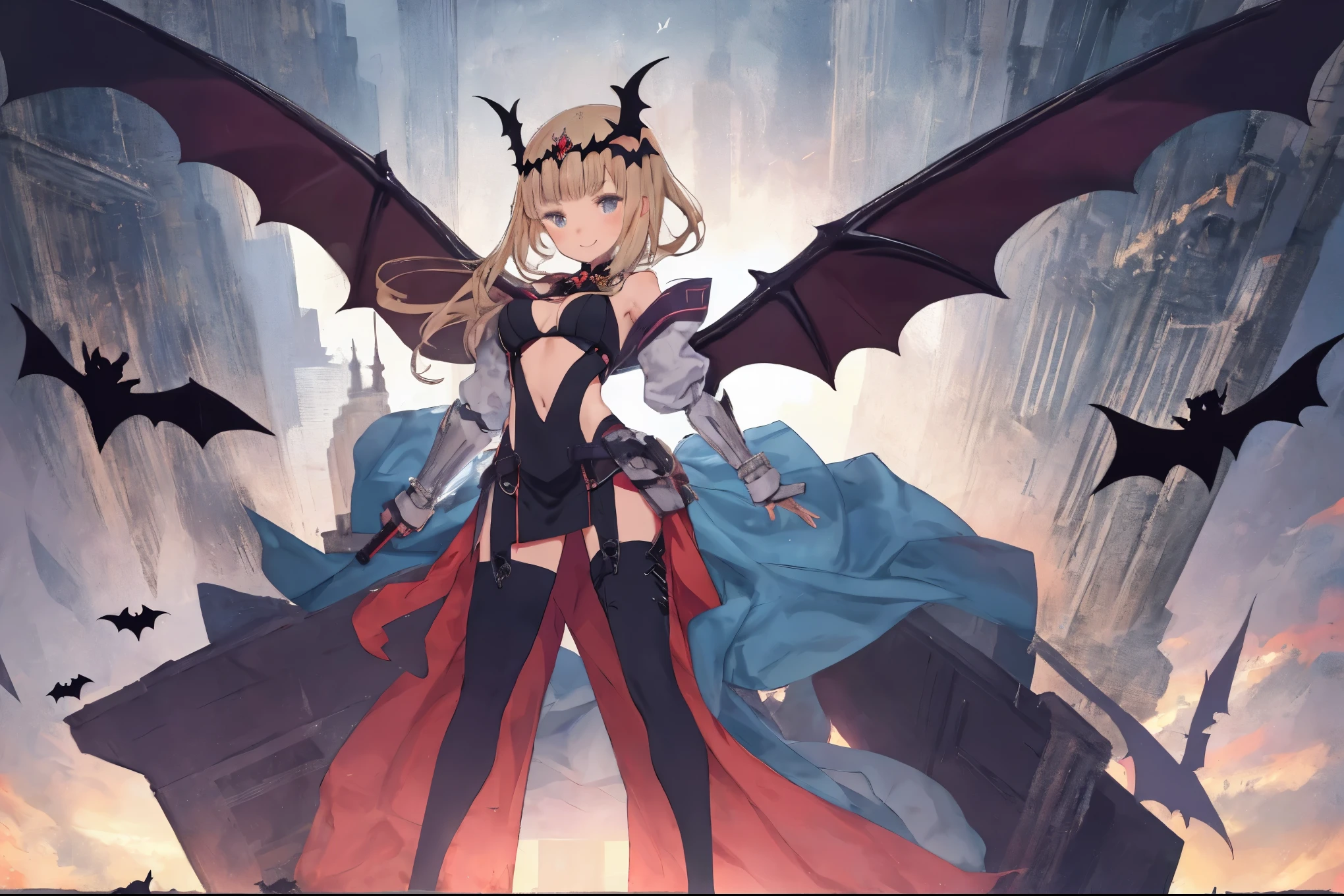 fantasy, 1devil_girl, low_, platina_blond_hair,long_bangs,, bare_shoulder, navel out, thighhighs,silver_armor, white_clothes,waist_armor, Glebe, hold_swords, large_breasts, dynamic_flying_pose,Floating, (1pair_bat_wings:1.2),(pelvic_curtain:1.3), silver_Headgear ,looking_down_at_sunrise_city_sky_background,,slightly_spread_legs, some_swords,some_swords_floating_around_the_girl,solo,horn ,smile,,open_legs,open_arms,rise_knee,rise_leg,rise_thigh,rise_leg,forward_leaning_posture,apart_legs,